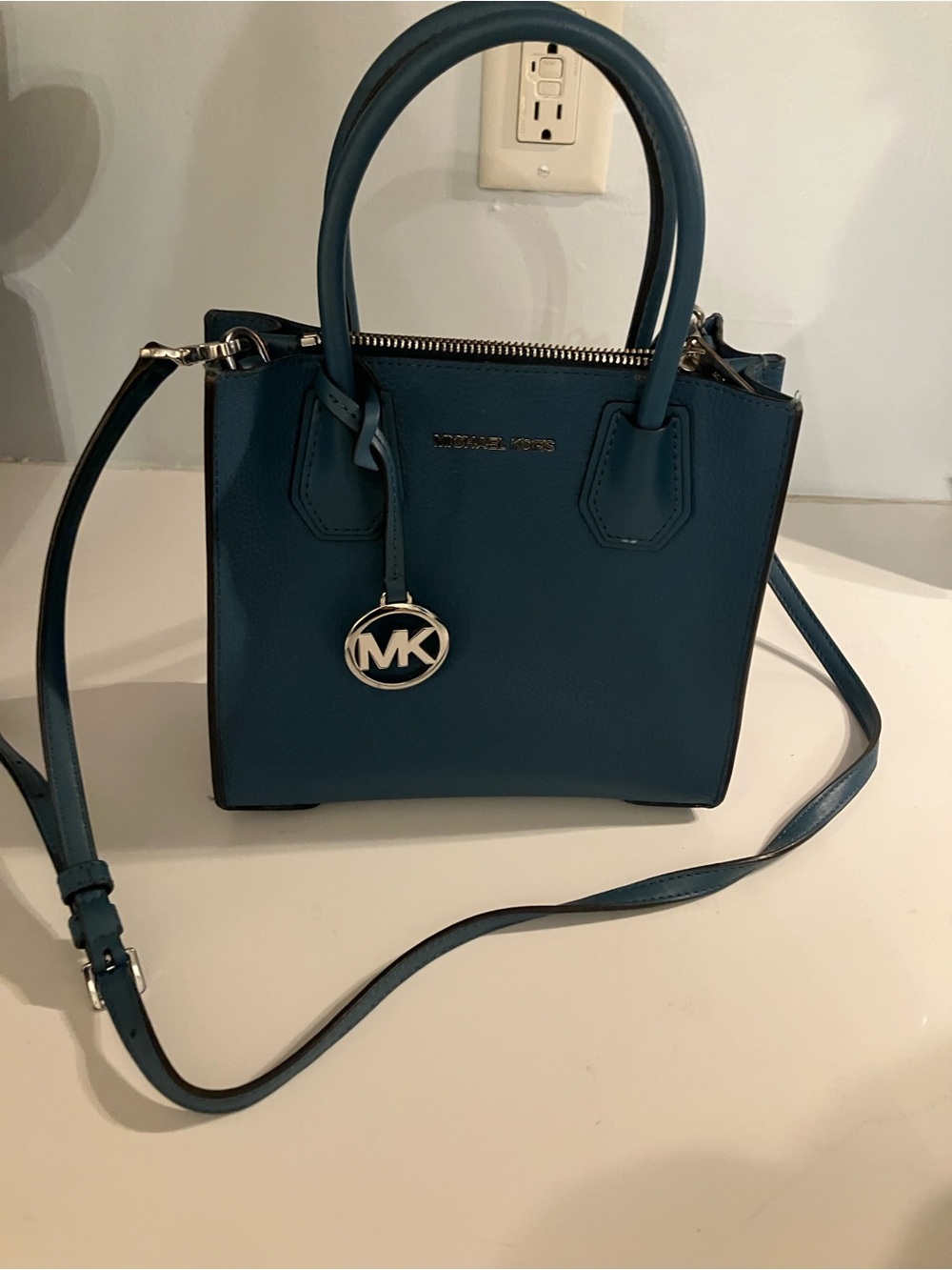 Michael Kors Teal Blue Leather Mini messenger/crossbody with MK Charm